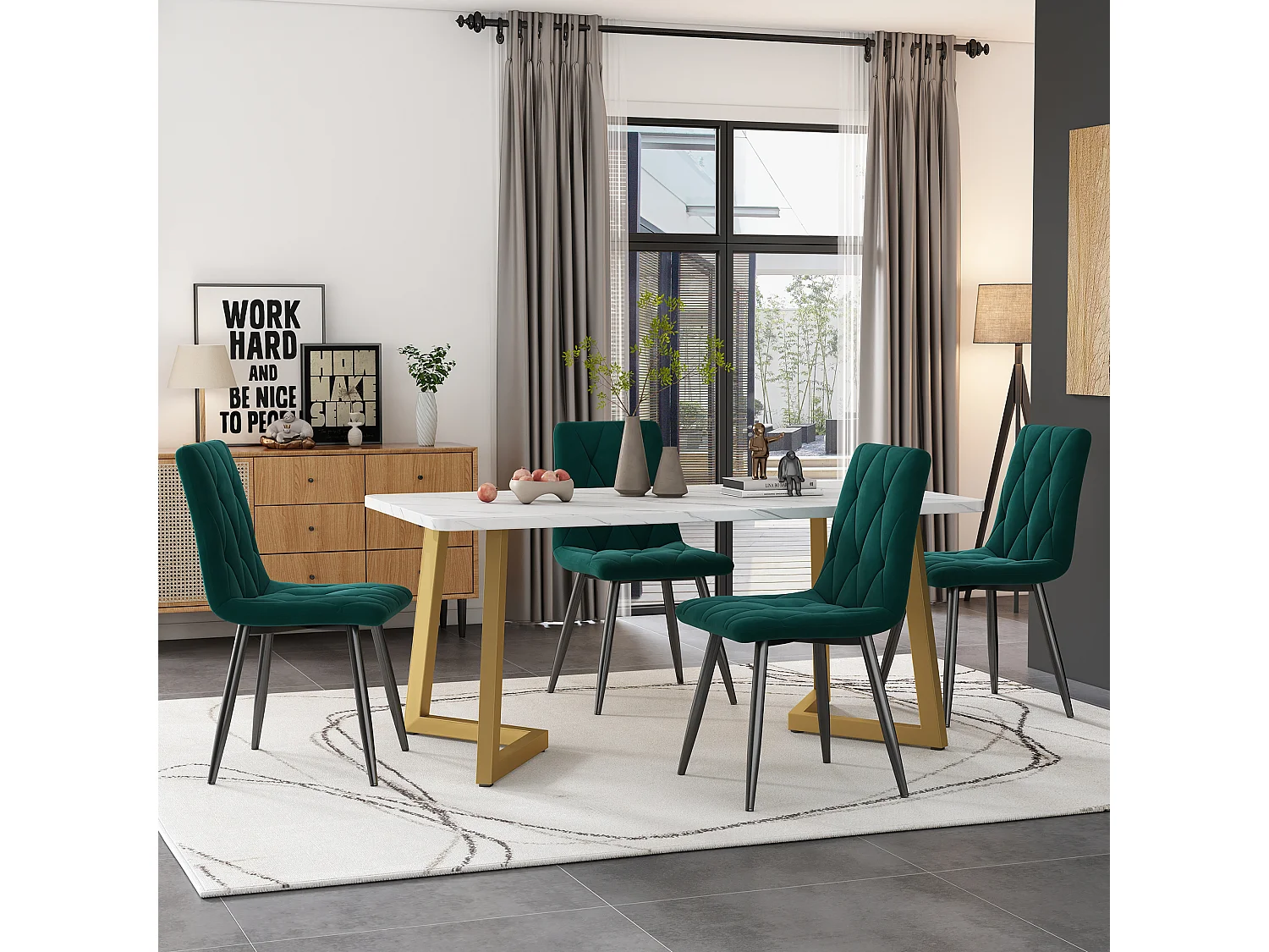 Eettafelset + 4 stoelen - fluweel en gouden metalen poten - donkergrijs