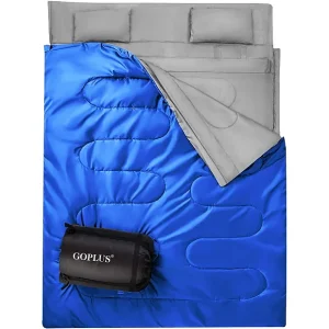 Dubbele slaapzak 2 persoons,220x150cm, waterdichte lichtgewicht slaapzak met 2 kussens en draagtas voor kamperen,wandelen en reizen (Blauw)AB5872