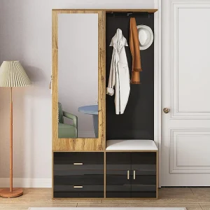 Elegante garderobeset in zwart en onbewerkt hout met spiegel, schoenenkast, schoenenbank met haken en schuifhangers Elegante garderobeset in zwart en onbewerkt hout met spiegel, schoenenkast, schoenenbank met haken en schuifhangers