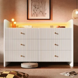 Dressoir, ladekast met LED-verlichting en 6 laden, golvend design, 120x40x75 cm, wit