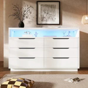 Dressoir, ladekast met LED-verlichting en 6 laden, opbergvak met marmerkorrel, 120x40x85 cm, wit