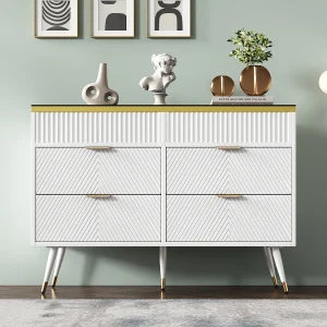 Dressoir, amber glas, commode met 6 laden, gedeeld, anti-kantel, 120 x 40 x 76 cm, wit