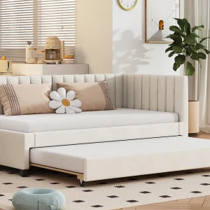 Eenpersoonsbed 90×200 cm met onderschuifbed – bekleed met fluweel met lattenbodem – Beige Eenpersoonsbed 90×200 cm met onderschuifbed – bekleed met fluweel met lattenbodem – Beige