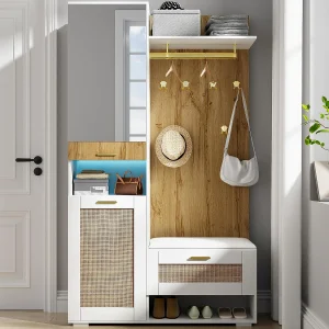 Garderobe 110x38x190 cm met LED – met spiegel + 5 haken + schoenenbank – Naturel & Wit Garderobe 110x38x190 cm met LED – met spiegel + 5 haken + schoenenbank – Naturel & Wit