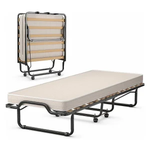 Gastenbed, 80 x 200 cm, inklapbaar logeerbed met matras van traagschuim, opklapbed met stevig stalen frame, tot 120 kg, metalen bed op wielen,camping, beige Gastenbed, 80 x 200 cm, inklapbaar logeerbed met matras van traagschuim, opklapbed met stevig stalen frame, tot 120 kg, metalen bed op wielen,camping, beige