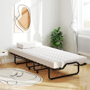 Gastenbed, 80 x 200 cm, inklapbaar logeerbed met matras van traagschuim, speciale textuur,tot 120 kg, metalen bed op wielen, voor logeerkamer, kantoor, beige Gastenbed, 80 x 200 cm, inklapbaar logeerbed met matras van traagschuim, speciale textuur,tot 120 kg, metalen bed op wielen, voor logeerkamer, kantoor, beige