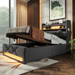 Eenpersoons gestoffeerd bed met opbergruimte – 90 x 200 cm – 360° LED's + Hoofdbord met USB en Type C – linnen stof – grijs Eenpersoons gestoffeerd bed met opbergruimte – 90 x 200 cm – 360° LED's + Hoofdbord met USB en Type C – linnen stof – grijs