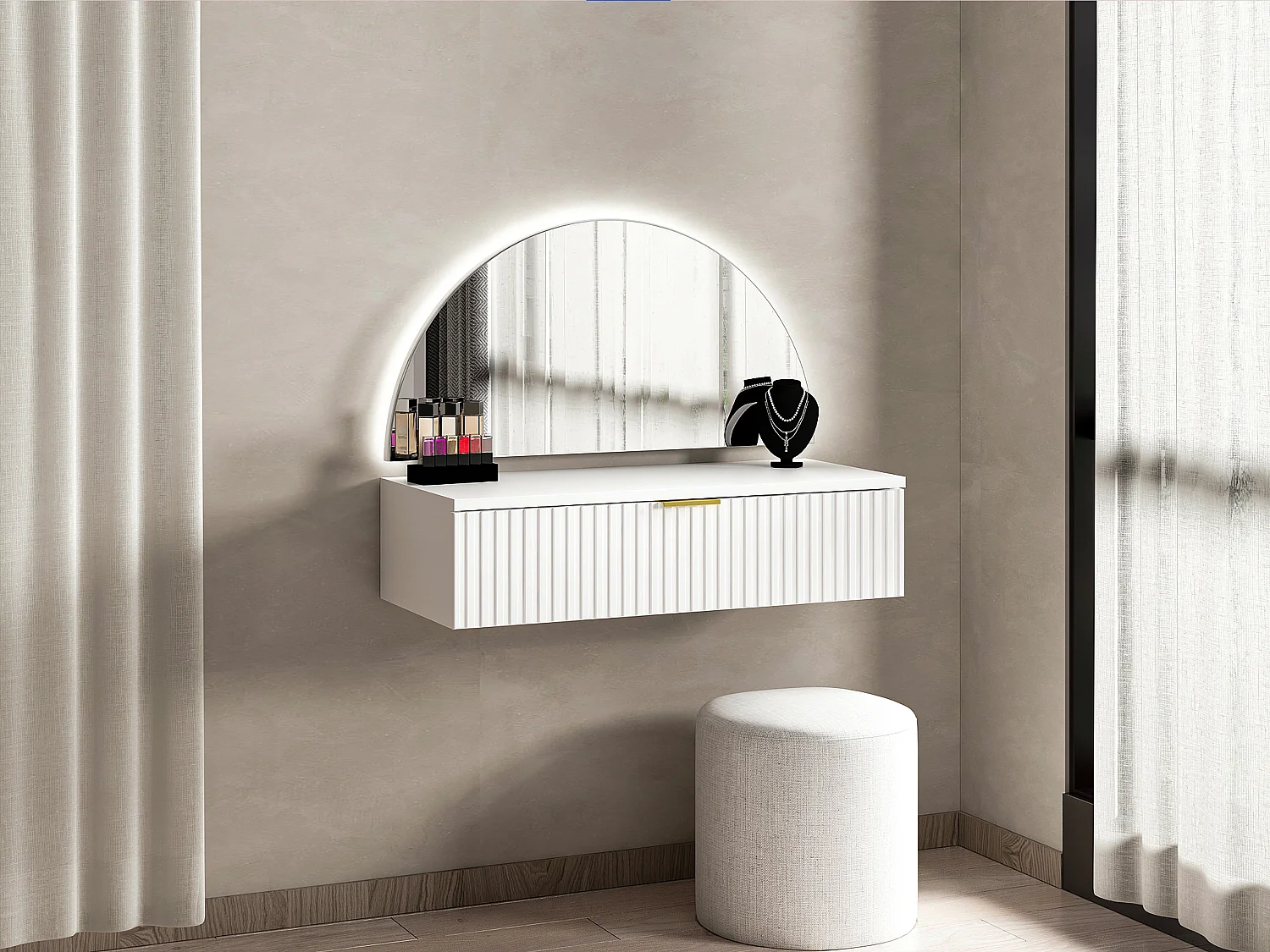 Hangende kaptafel met spiegel en ledverlichting, 1 lade, wit - FRALYN van Pascal Morabito