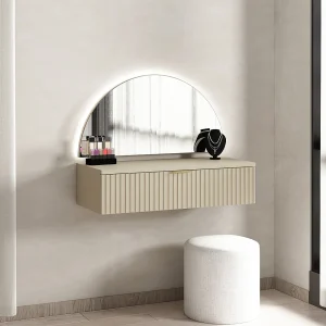 Hangende kaptafel met spiegel en ledverlichting, 1 lade, beige – FRALYN van Pascal Morabito Hangende kaptafel met spiegel en ledverlichting, 1 lade, beige – FRALYN van Pascal Morabito