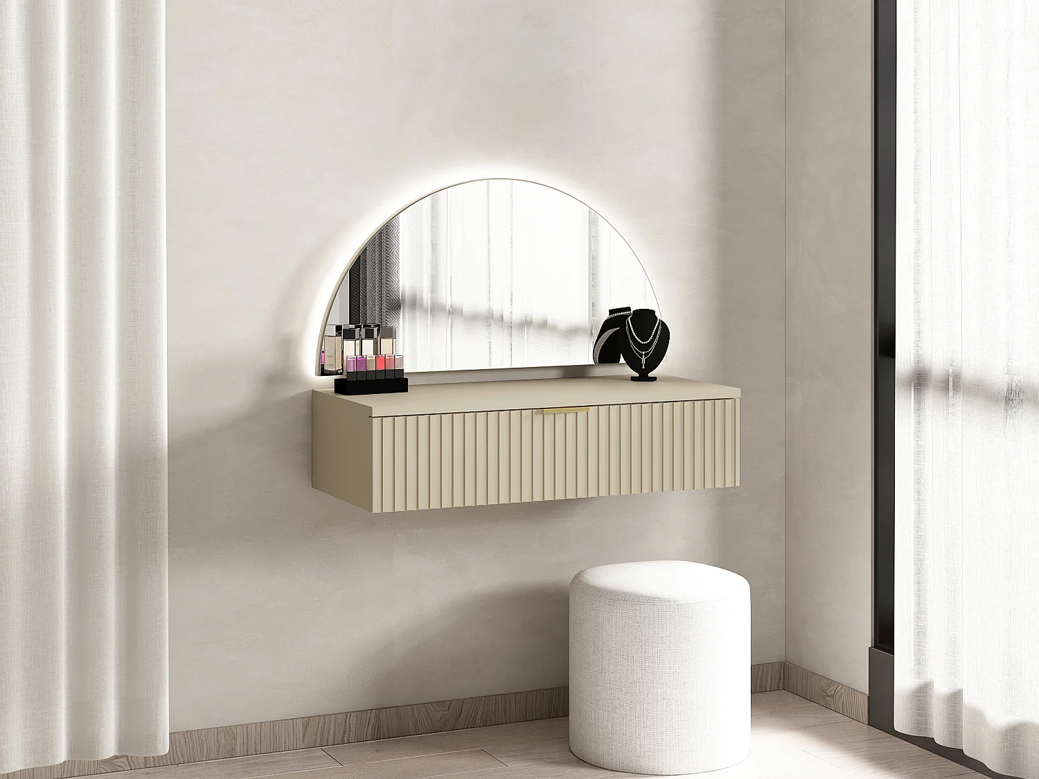 Hangende kaptafel met spiegel en ledverlichting, 1 lade, beige - FRALYN van Pascal Morabito