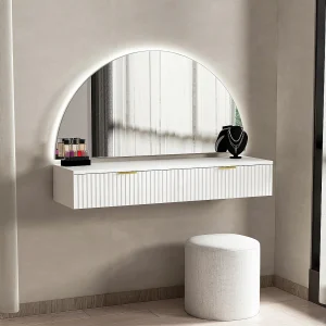 Hangende kaptafel met spiegel en ledverlichting en 2 lades, wit – FRALYN van Pascal Morabito Hangende kaptafel met spiegel en ledverlichting en 2 lades, wit – FRALYN van Pascal Morabito