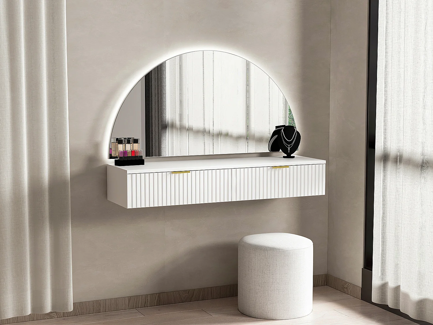 Hangende kaptafel met spiegel en ledverlichting en 2 lades, wit - FRALYN van Pascal Morabito