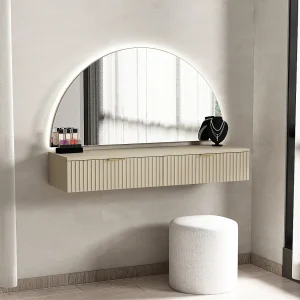 Hangende kaptafel met spiegel en ledverlichting en 2 lades, beige – FRALYN van Pascal Morabito Hangende kaptafel met spiegel en ledverlichting en 2 lades, beige – FRALYN van Pascal Morabito