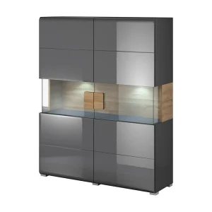 Vitrine dubbele deuren collectie OHIO. Kleur antracietgrijs en eiken. LED inbegrepen Vitrine dubbele deuren collectie OHIO. Kleur antracietgrijs en eiken. LED inbegrepen