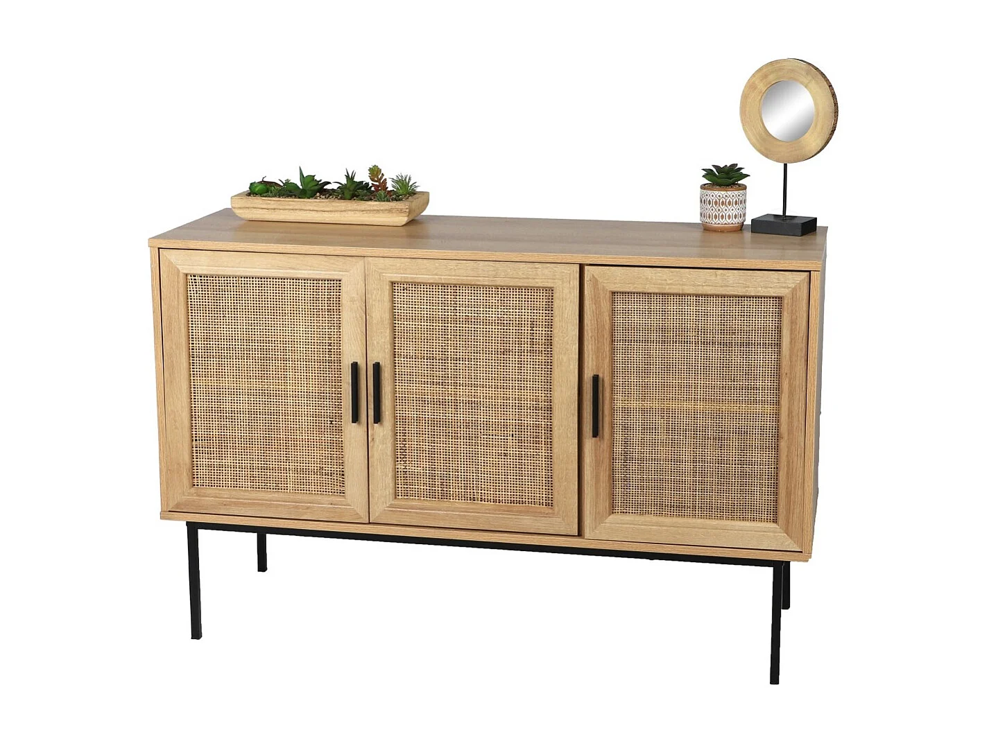Buffet met drie deuren van jute - Rustieke stijl, lichte eikenkleur, afmetingen 120x39x75 cm - Collectie SAVORY