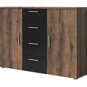 Kast met 2 deuren en 4 laden 130cm. Collectie IRINA imitatie donker eiken en zwart. Kast met 2 deuren en 4 laden 130cm. Collectie IRINA imitatie donker eiken en zwart.