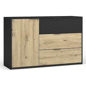 Commode MELODY – 3 Laden en 1 Deur – 139x80x35 cm – Grafietzwart en licht eiken