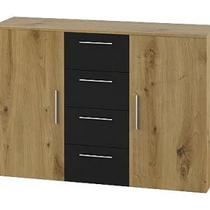 Kast met 2 deuren en 4 laden 130cm. Collectie IRINA in lichte eiken- en zwartimitatie. Kast met 2 deuren en 4 laden 130cm. Collectie IRINA in lichte eiken- en zwartimitatie.