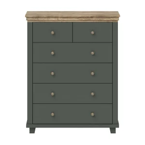 XL ontwerpkast met 6 lades. Kleur kaki groen en eiken. Collectie ASSIA