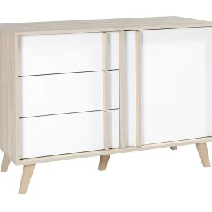 Commode 1 deur en 3 laden MALMO kleur licht eiken en wit