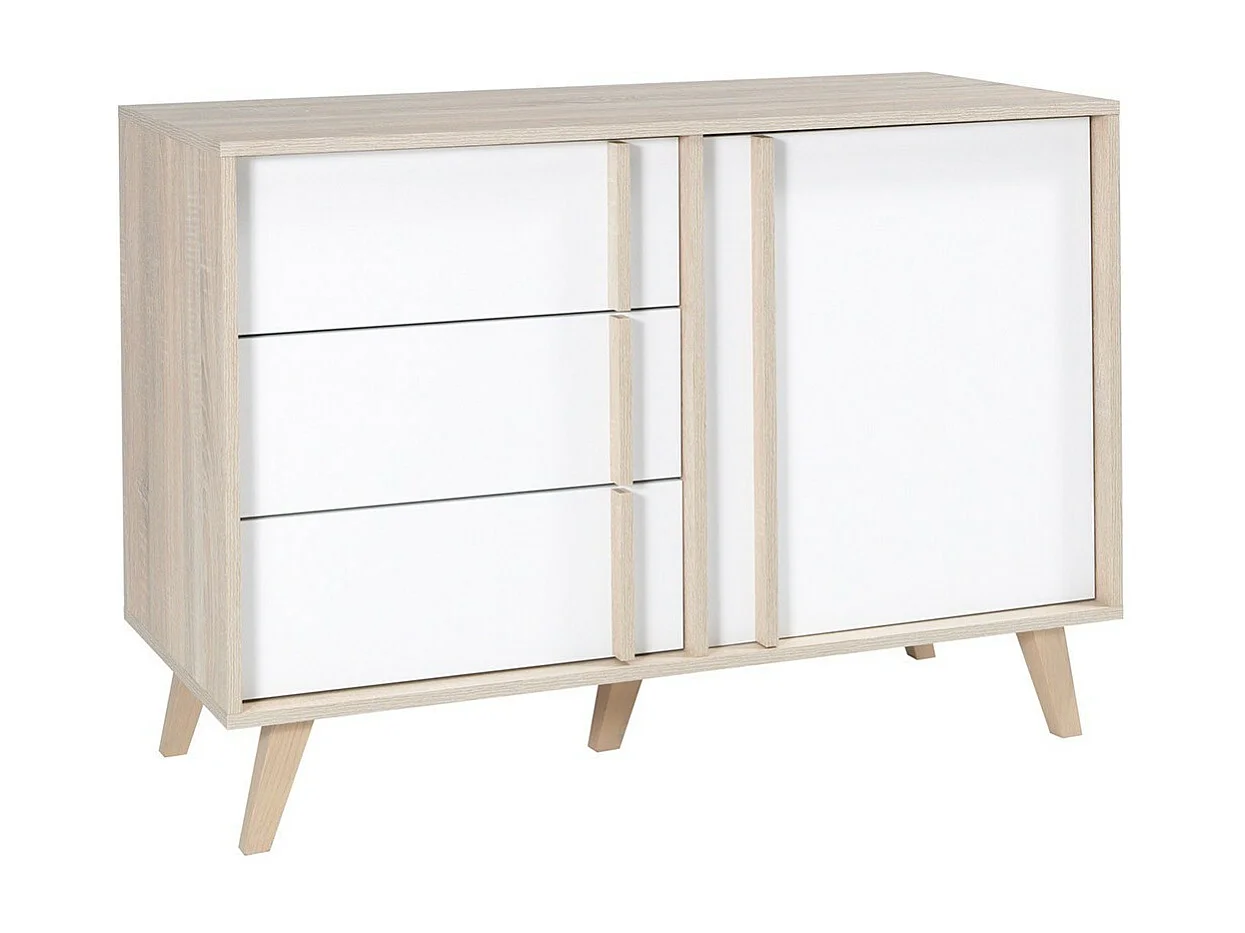 Commode 1 deur en 3 laden MALMO kleur licht eiken en wit