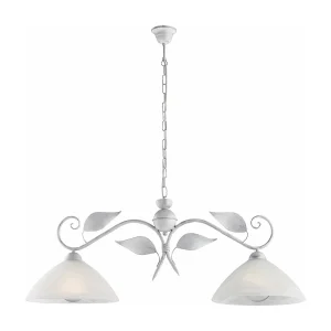 Lustre Esse fer blanc, déco argent antique, verre albâtre d.30, 2 lumières 96×30 cm, parfait pour couloirs élégants