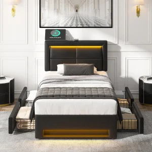 Eenpersoonsbed 90×200 cm met 4 lades, LED-verlichting en USB-poort – in zwart PU (zonder matras)