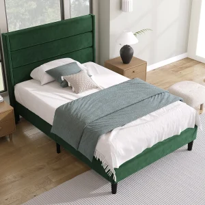 Eenpersoonsbed 90×200 cm, frame met lattenbodem en hoofdeinde, in donkergroene fluweel (zonder matras) Eenpersoonsbed 90×200 cm, frame met lattenbodem en hoofdeinde, in donkergroene fluweel (zonder matras)