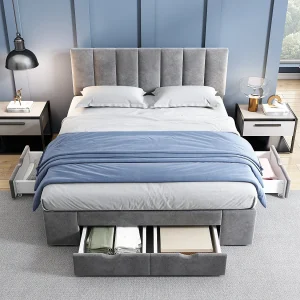Elegant bed 140×200 van grijs fluweel – slimme opbergruimte (4 lades) – lattenbodem inbegrepen (zonder matras)
