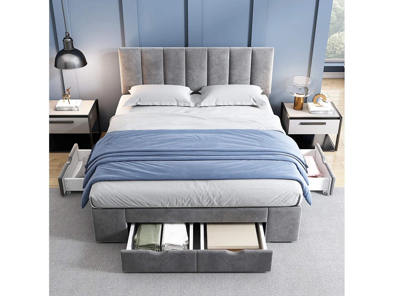 Elegant bed 140x200 van grijs fluweel - slimme opbergruimte (4 lades) - lattenbodem inbegrepen (zonder matras)