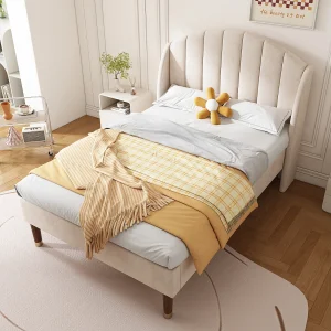 Eenpersoonsbed 90×200 cm met hoofdbord – houten lattenbodem, beige fluweel (zonder matras)