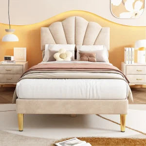 Eenpersoonsbed 90×200 cm beige fluweel met gouden metalen poten, verstelbare hoofdbord (zonder matras) Eenpersoonsbed 90×200 cm beige fluweel met gouden metalen poten, verstelbare hoofdbord (zonder matras)