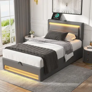 Eenpersoons opbergbed 90×190 cm – draadloos USB-opladen, LED – grijze stof (zonder matras) Eenpersoons opbergbed 90×190 cm – draadloos USB-opladen, LED – grijze stof (zonder matras)
