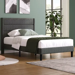 Eenpersoonsbed 90×200 cm – Frame met lattenbodem en hoofdbord – Bekleed met grijs linnen (zonder matras)