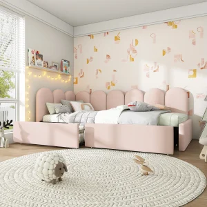 Eénpersoons slaapbank 90×190 cm met 2 laden – Roze fluweel (zonder matras) Eénpersoons slaapbank 90×190 cm met 2 laden – Roze fluweel (zonder matras)