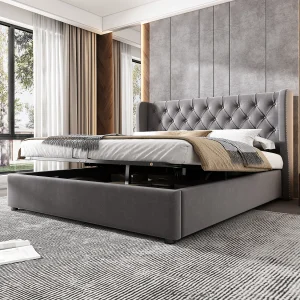 Dubbel opbergbed 140×190 cm, oren vorm, grijze fluweel (zonder matras) Dubbel opbergbed 140×190 cm, oren vorm, grijze fluweel (zonder matras)