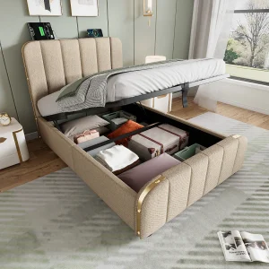 Eenpersoons opbergbed 90×200 cm – Hoofdeinde met gouden strepen en USB Type-C opladen – Beige linnen (zonder matras) Eenpersoons opbergbed 90×200 cm – Hoofdeinde met gouden strepen en USB Type-C opladen – Beige linnen (zonder matras)