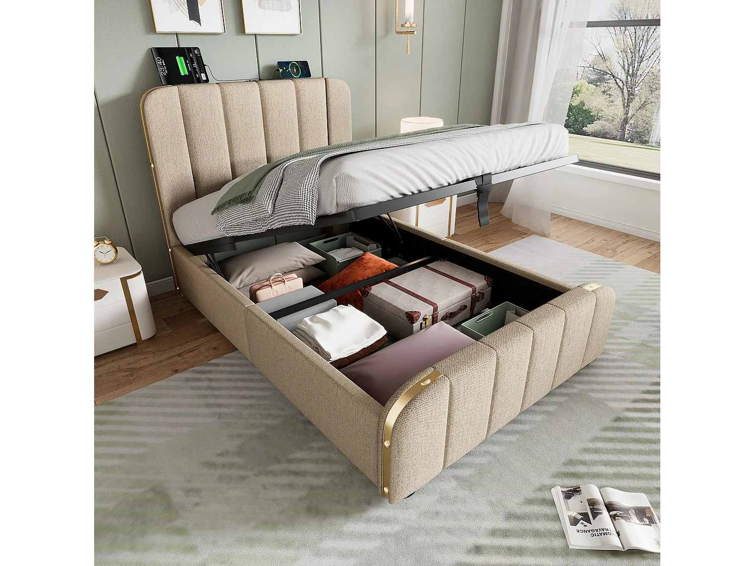 Eenpersoons opbergbed 90x200 cm - Hoofdeinde met gouden strepen en USB Type-C opladen - Beige linnen (zonder matras)