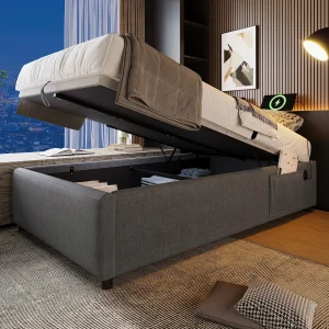 Eenpersoonsbed met opbergruimte 90×200 cm – USB-C opladen & lattenbodem – Grijze katoenen stof (zonder hoofdbord en matras)