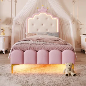 Prinsessen eenpersoonsbed 90×200 cm met LED-verlichting – Kinderbed in roze kunstleer (matras niet inbegrepen) Prinsessen eenpersoonsbed 90×200 cm met LED-verlichting – Kinderbed in roze kunstleer (matras niet inbegrepen)