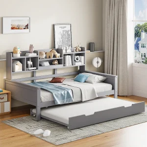 Eenpersoonsbed met uitschuifbed – 90 x 200 cm + 90 x 190 cm – Slaapbank met opbergruimte – Dennenhout + multiplex + MDF – grijs Eenpersoonsbed met uitschuifbed – 90 x 200 cm + 90 x 190 cm – Slaapbank met opbergruimte – Dennenhout + multiplex + MDF – grijs