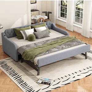 Eenpersoonsbed met uitschuifbed – 2 x 90 x 190 cm – Slaapbank met USB – Linnen + MDF – grijs Eenpersoonsbed met uitschuifbed – 2 x 90 x 190 cm – Slaapbank met USB – Linnen + MDF – grijs