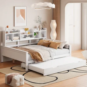 Eenpersoonsbed met uitschuifbed – 140 x 200 cm + 90 x 190 cm – Slaapbank met opbergruimte – Grenen + multiplex + MDF – wit Eenpersoonsbed met uitschuifbed – 140 x 200 cm + 90 x 190 cm – Slaapbank met opbergruimte – Grenen + multiplex + MDF – wit