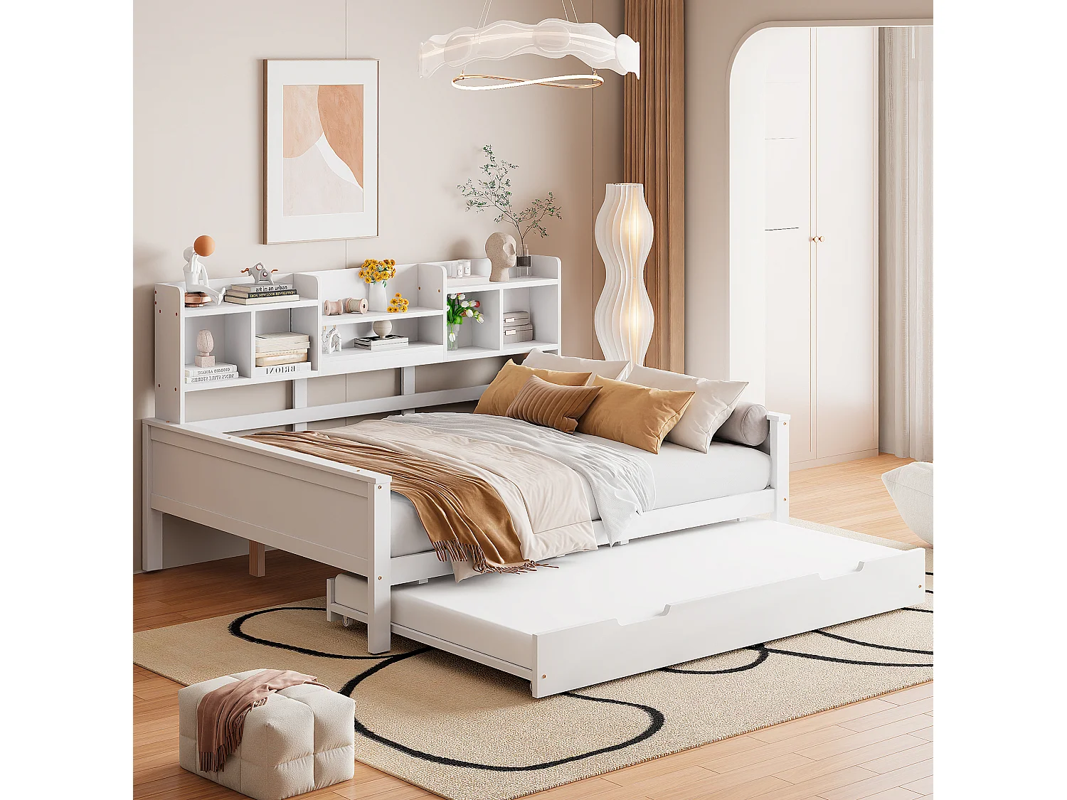 Eenpersoonsbed met uitschuifbed - 140 x 200 cm + 90 x 190 cm - Slaapbank met opbergruimte - Grenen + multiplex + MDF - wit