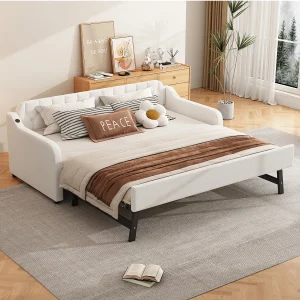 Eenpersoonsbed met uitschuifbed – 2 x 90 x 190 cm – Slaapbank met USB – Linnen + MDF – beige Eenpersoonsbed met uitschuifbed – 2 x 90 x 190 cm – Slaapbank met USB – Linnen + MDF – beige