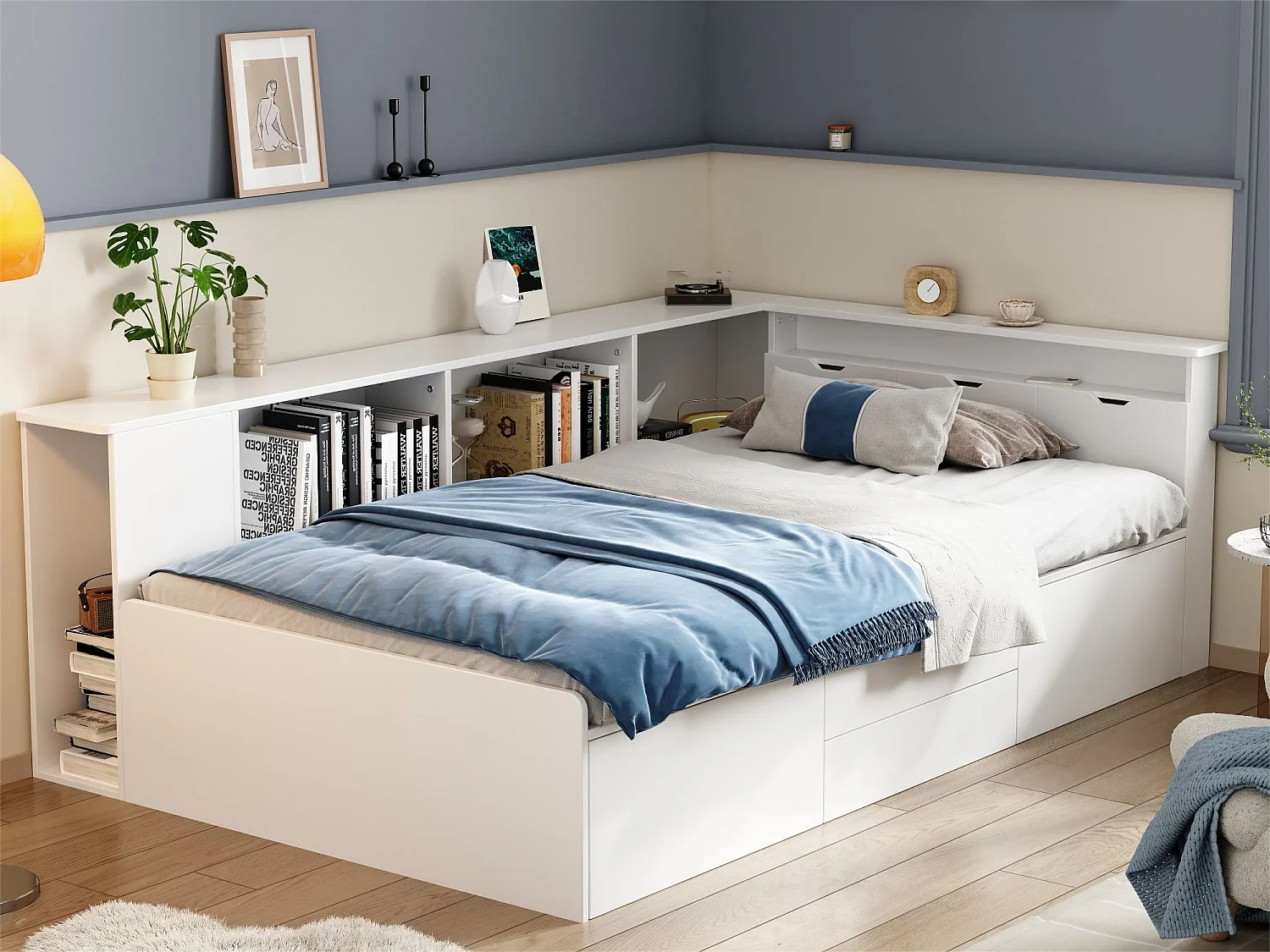 Eenpersoonsbed 90x200cm in massief hout - met multifunctionele opbergruimte - Wit