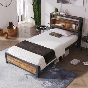 Volwassen bed 90x200cm met opbergruimte – metalen frame – Bruin