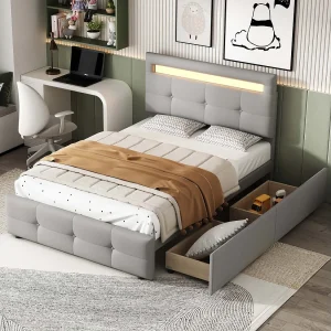 Eenpersoonsbed 90x200cm in linnenstof met LED en 2 laden – Grijs Eenpersoonsbed 90x200cm in linnenstof met LED en 2 laden – Grijs