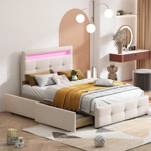 Eenpersoonsbed 90x200cm in linnenstof met LED en 2 laden – Beige Eenpersoonsbed 90x200cm in linnenstof met LED en 2 laden – Beige