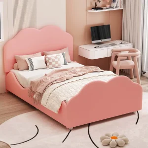 Fluweel gecapitonneerd kinderbed – 90x200cm – met wolkvormig hoofdeinde + lattenbodem – Roze Fluweel gecapitonneerd kinderbed – 90x200cm – met wolkvormig hoofdeinde + lattenbodem – Roze